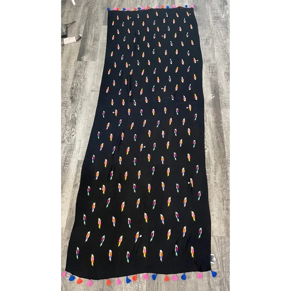 Kate Spade New York Parrot Print Scarf Shawl Black Multicolor Tassel Trim Wrap